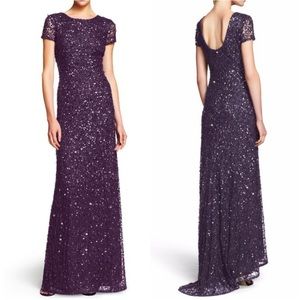 Adrianna Papell Scoop Back Short Sleeve Sequin Mesh Gown with Train NWT